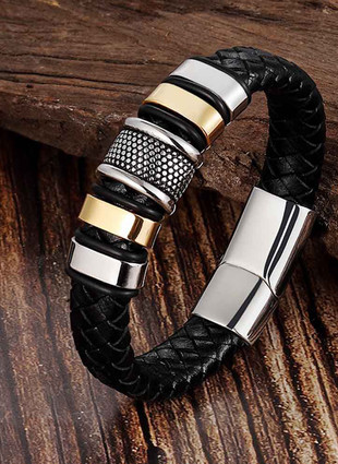 Черный плетеный браслет с ювелирной сталью, изображение 5