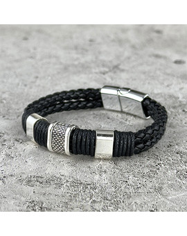 Черный кожаный браслет с магнитной застежкой, изображение 1