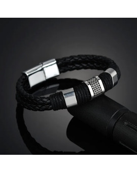 Черный кожаный браслет с магнитной застежкой, изображение 4